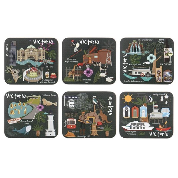 6pc Ashdene Land Down Under Vic Cork Drinking Mat Coaster 11x9.7cm