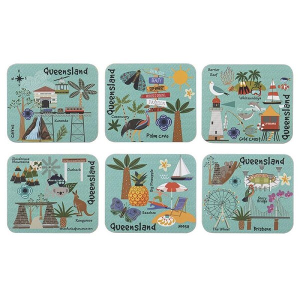 6pc Ashdene Land Down Under Qld Cork Drinking Mat Coaster 11x9.7cm