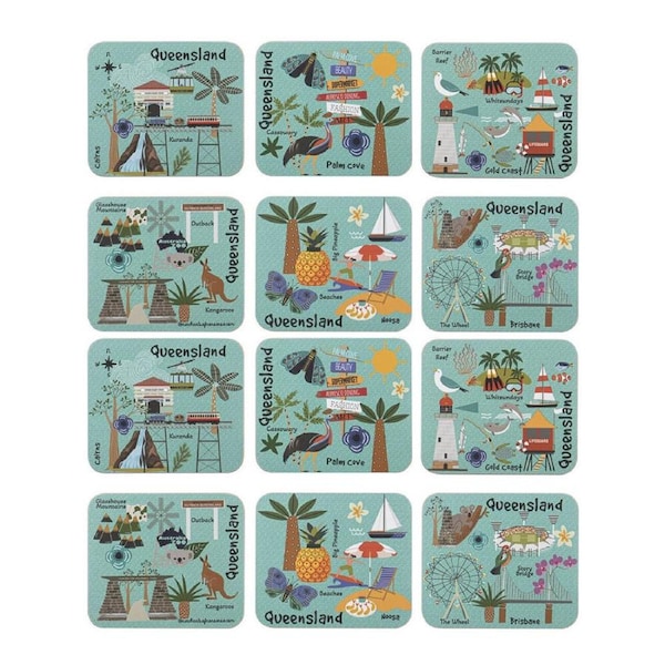 2x 6pc Ashdene Land Down Under Qld Cork Drinking Mat Coaster 11x9.7cm