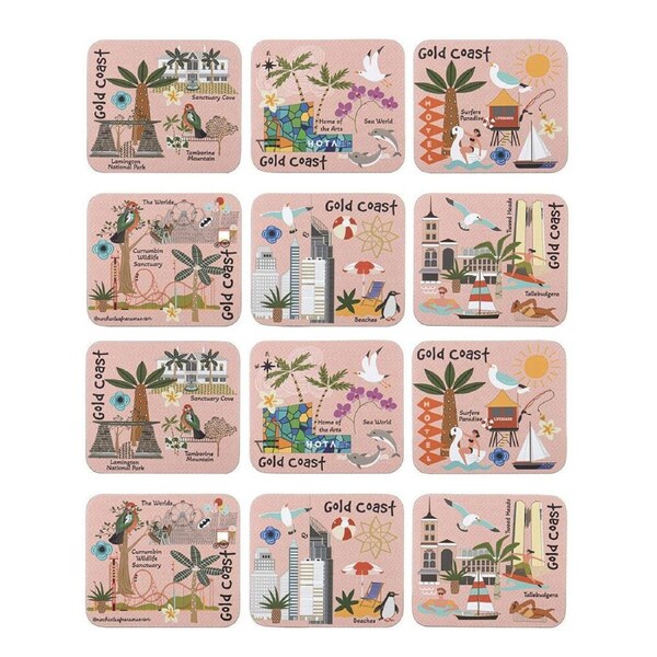 2x 6pc Ashdene Land Down Under Gold Coast Cork Drinking Mat Coaster 11x9.7cm