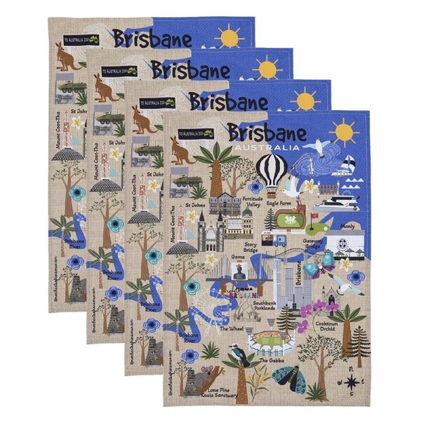 4PK Ashdene Land Down Under Brisbane Cleaning Home Kitchen Tea Towel 70x50cm
