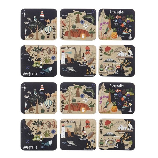 2x 6pc Ashdene Land Down Under AUS Cork Drinking Mat Coaster 11x9.7cm
