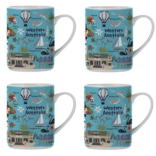 4PK Ashdene Land Down Under WA Bone China Drinking Mug Blue 370ml