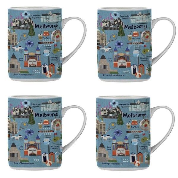 4PK Ashdene Land Down Under Melbourne Bone China Drinking Mug Blue 370ml