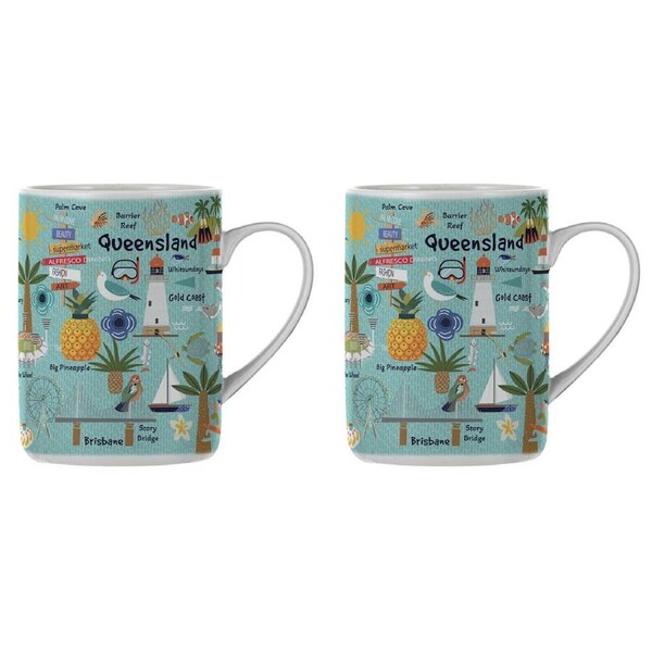 2PK Ashdene Land Down Under Qld Bone China Drinking Mug Blue 370ml