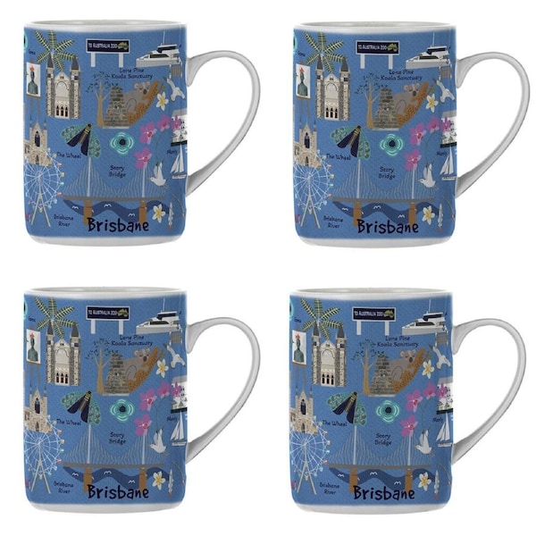 4PK Ashdene Land Down Under Brisbane Bone China Drinking Mug Blue 370ml