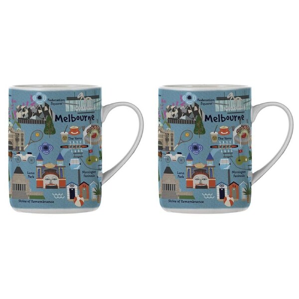 2PK Ashdene Land Down Under Melbourne Bone China Drinking Mug Blue 370ml