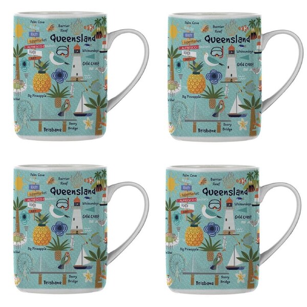 4PK Ashdene Land Down Under Qld Bone China Drinking Mug Blue 370ml