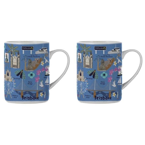 2PK Ashdene Land Down Under Brisbane Bone China Drinking Mug Blue 370ml