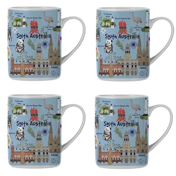 4PK Ashdene Land Down Under SA Bone China Drinking Mug Blue 370ml