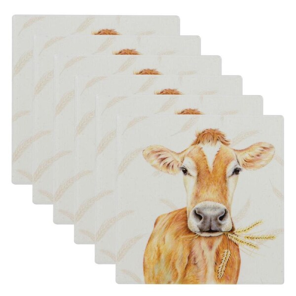 6PK Ashdene Farmyard Faces Beef Cow Square Drink Mat Ceramic Coaster 10x10cm