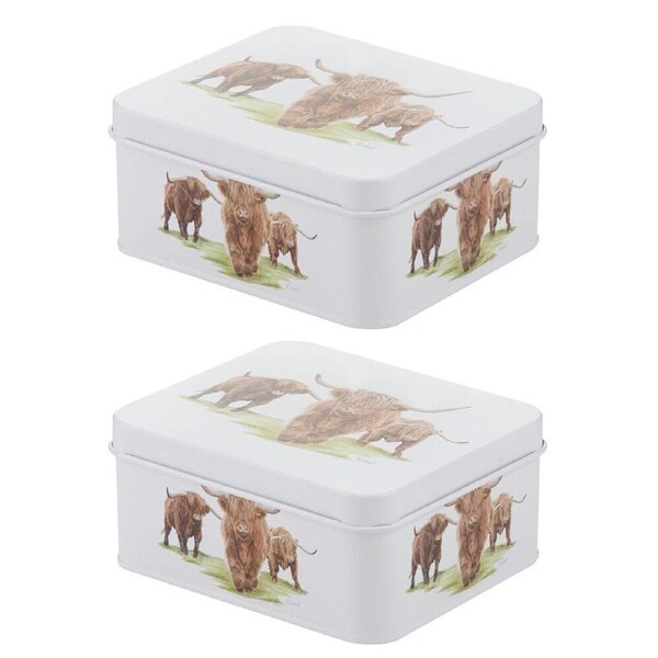 2PK Ashdene Highland Herd Steel Storage Decor Biscuit Tin White 18.8x16.3cm