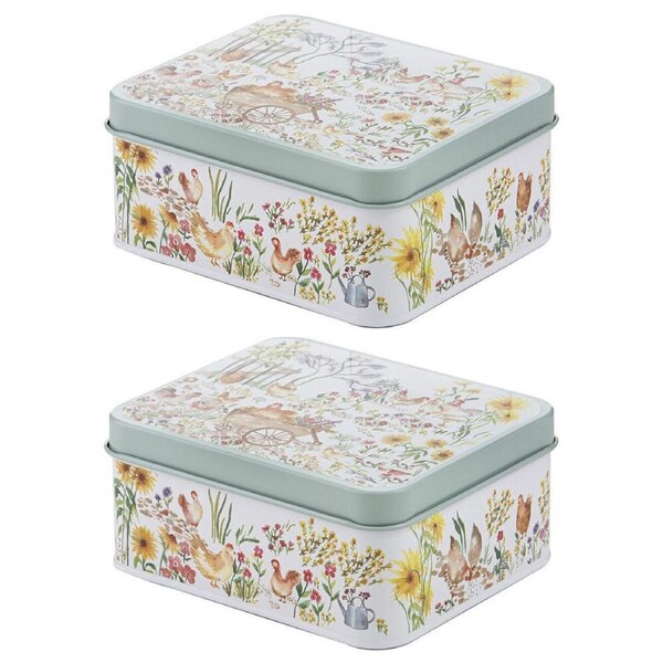 2PK Ashdene Garden Hens Steel Storage Decor Biscuit Tin White 18.8x16.3cm