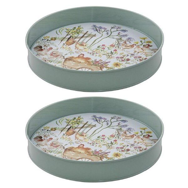 2PK Ashdene Garden Hens Galvanise Steel Round Serving Tray White 30.5x30.5cm