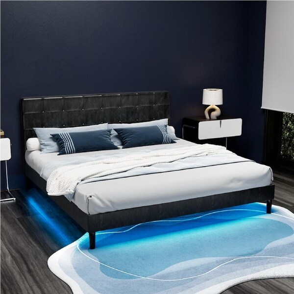 Artiss Bed Frame Double Queen King Size LED Lights Charge Ports Black Leather King