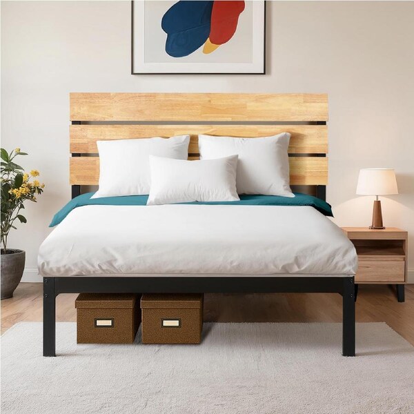 ACA Metal Bed Frame Queen Size 205x155cm Bed Base Platform Rubberwood