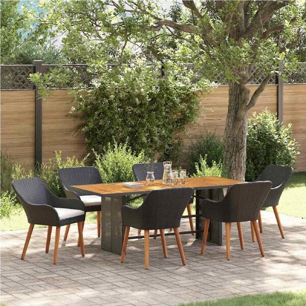 Garden Dining Set with Cushion 7 pcs Black Poly Rattan vidaXL