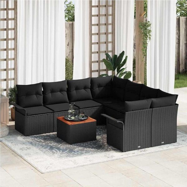 Garden Sofa Set with Cushion 9 pcs Black Poly Rattan vidaXL
