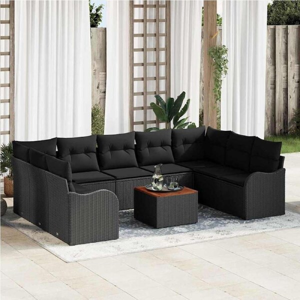 Garden Sofa Set with Cushion 10 pcs Black Poly Rattan vidaXL