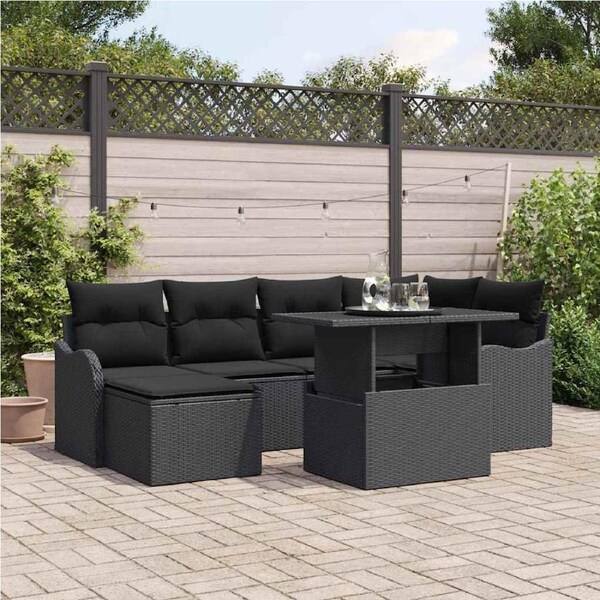Garden Sofa Set with Cushion 7 pcs Black Poly rattan vidaXL