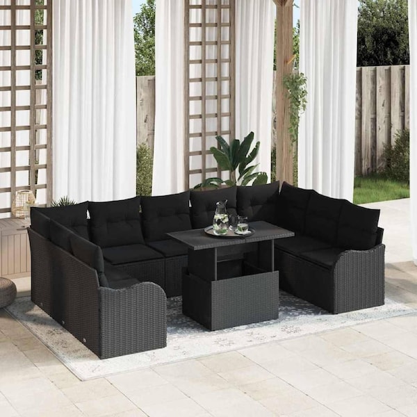 Garden Sofa Set with Cushion 10 pcs Black Poly rattan vidaXL