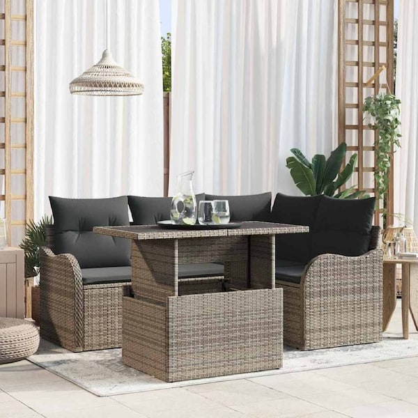 Outdoor Dining Set with Cushion 5 pcs Grey Poly rattan vidaXL