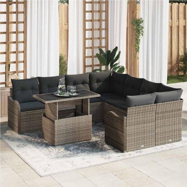 Garden Sofa Set with Cushion 9 pcs Grey Poly rattan vidaXL