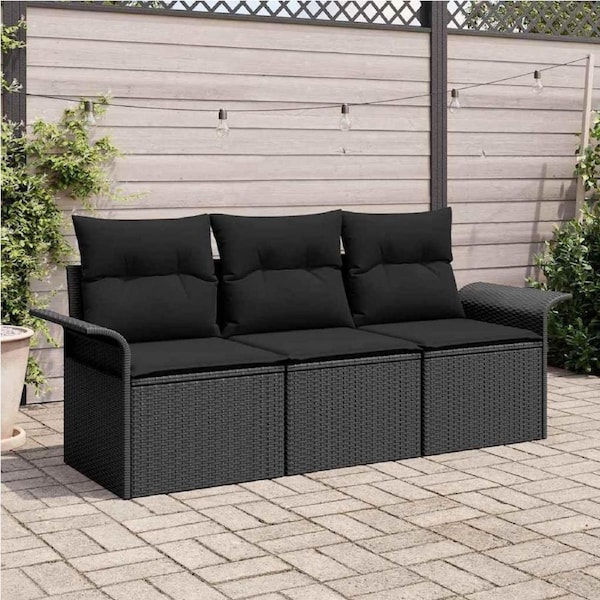 Garden Sofa Set with Cushion 3 pcs Black Poly rattan vidaXL