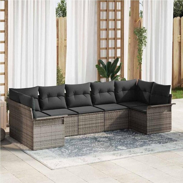 Garden Sofa Set with Cushion 7 pcs Grey Poly rattan vidaXL