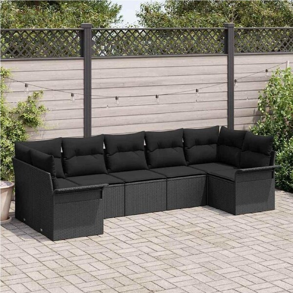 Garden Sofa Set with Cushion 7 pcs Black Poly rattan vidaXL