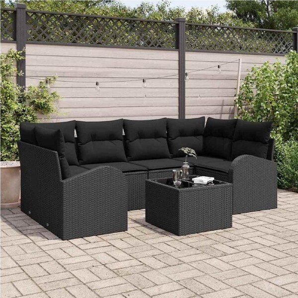 Garden Sofa Set Manual 7 pcs Black Poly Rattan, Steel and Glass vidaXL