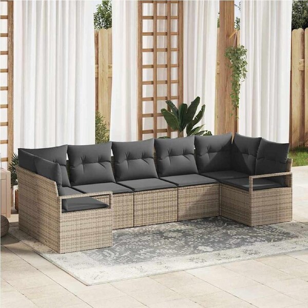 Garden Sofa Set with Cushion 7 pcs Grey Poly Rattan vidaXL