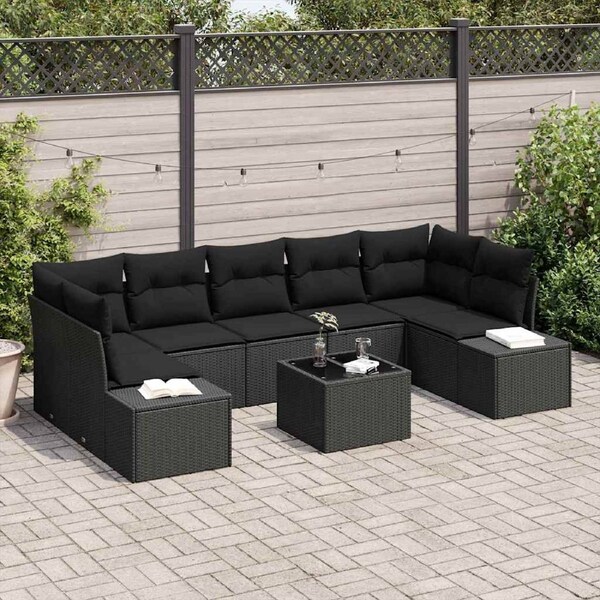 Garden Sofa Set with Cushion 8 pcs Black Poly Rattan vidaXL