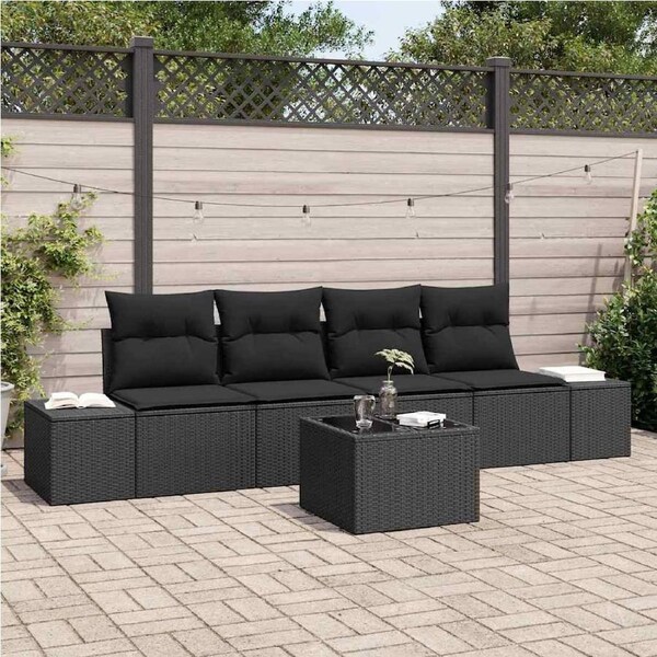 Garden Sofa Set with Cushion 5 pcs Black Poly Rattan vidaXL