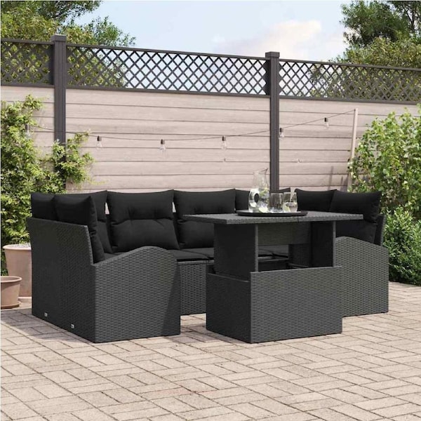 Garden Sofa Set with Cushion Manual 7 pcs Black Poly Rattan vidaXL