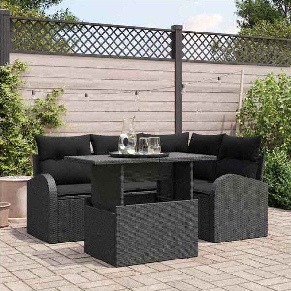 Garden Sofa Set with Cushion 5 pcs Black Poly rattan vidaXL