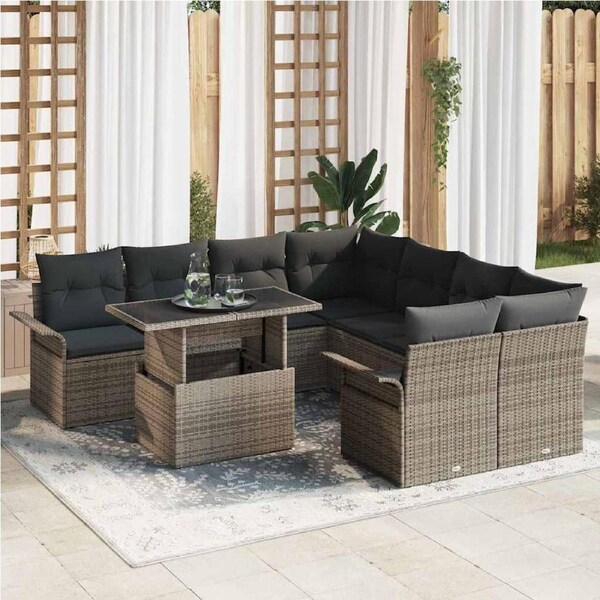 Garden Sofa Set with Cushion 9 pcs Grey Poly rattan vidaXL