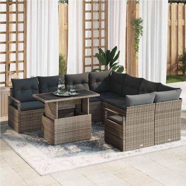 Garden Sofa Set with Cushion 9 pcs Grey Poly rattan vidaXL