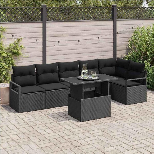 Garden Sofa Set with Cushion 7 pcs Black Poly rattan vidaXL