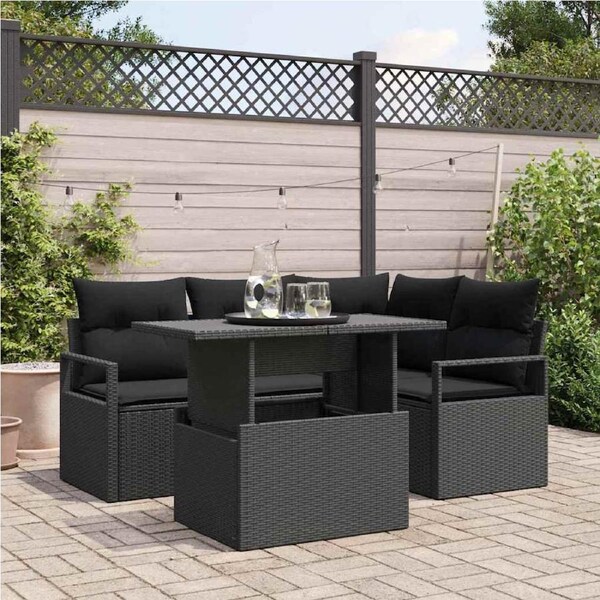 Garden Sofa Set with Cushion 5 pcs Black Poly rattan vidaXL