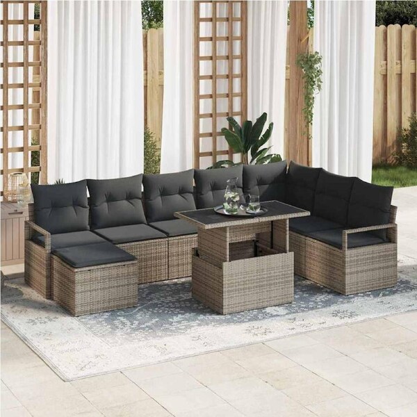 Garden Sofa Set with Storage 9 pcs Grey Poly rattan vidaXL