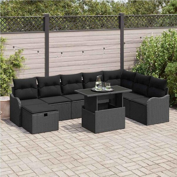 Garden Sofa Set with Cushion 9 pcs Black Poly rattan vidaXL