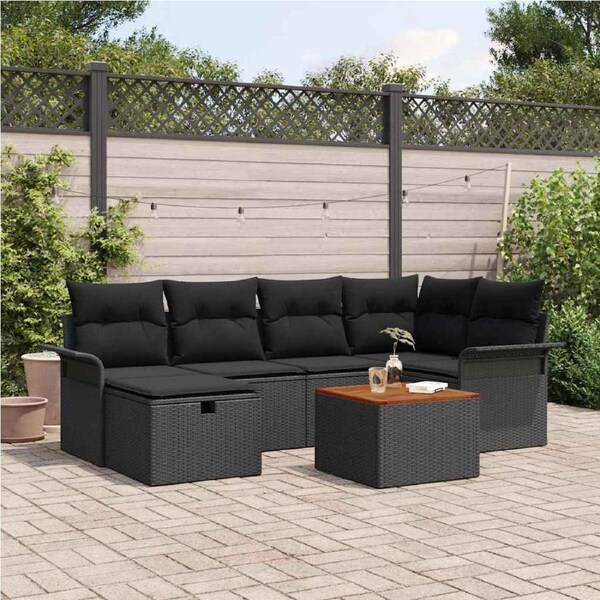 Garden Sofa Set with Cushion 7 pcs Black Poly rattan vidaXL