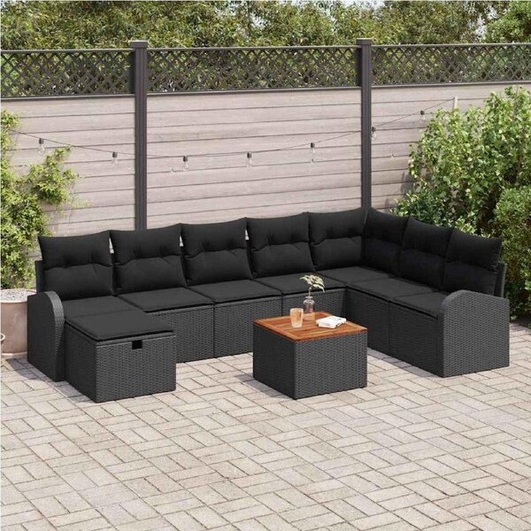 Garden Sofa Set with Cushion 9 pcs Black Poly rattan vidaXL