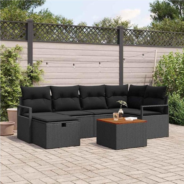 Garden Sofa Set with Cushion 7 pcs Black Poly rattan vidaXL