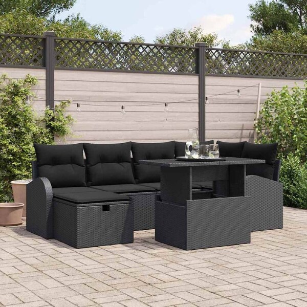 Garden Sofa Set with Cushion 7 pcs Black Poly rattan vidaXL