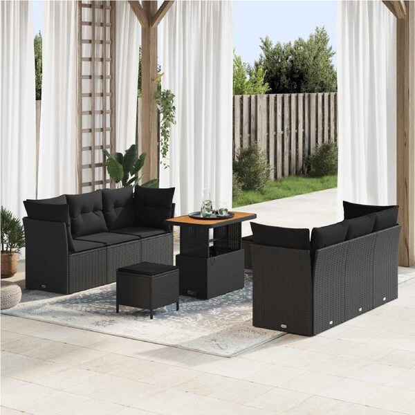 Garden Sofa Set with Cushion 9 pcs Black Poly Rattan vidaXL