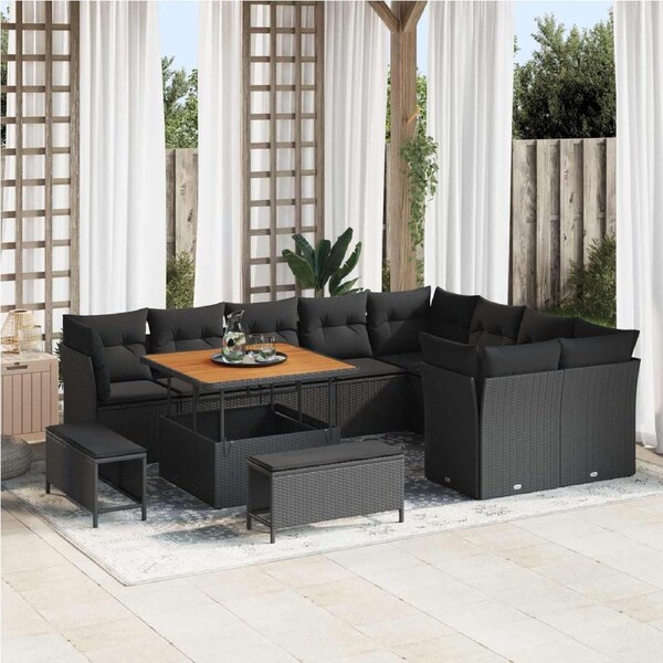 Garden Sofa Set Height-Adjustable 12 pcs Black Poly Rattan vidaXL