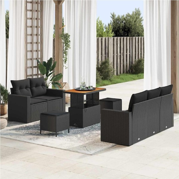 Garden Sofa Set with Cushion 8 pcs Black Poly Rattan vidaXL