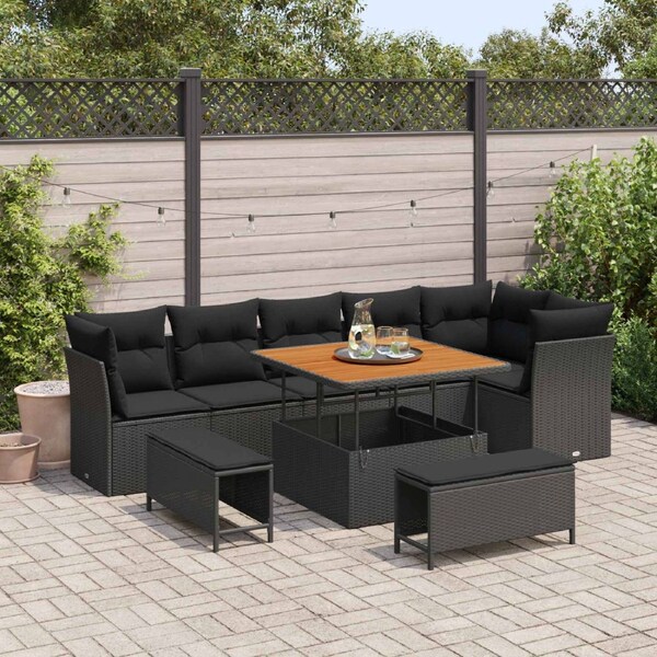 Garden Sofa Set Height-Adjustable 9 pcs Black Poly Rattan vidaXL